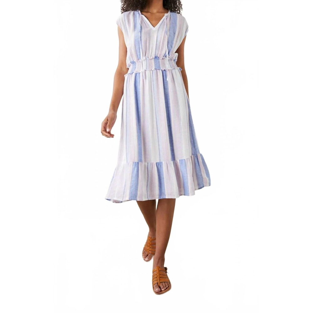 Rails Midi Dress Women Large Blue Pink Striped Linen Blend Smocked Waist Ruffle